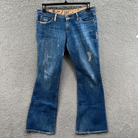 Gold Sign Women's Patched Denim Jeans Blue Mid Rise Distressed Raw Hem Size 31 - Picture 1 of 16